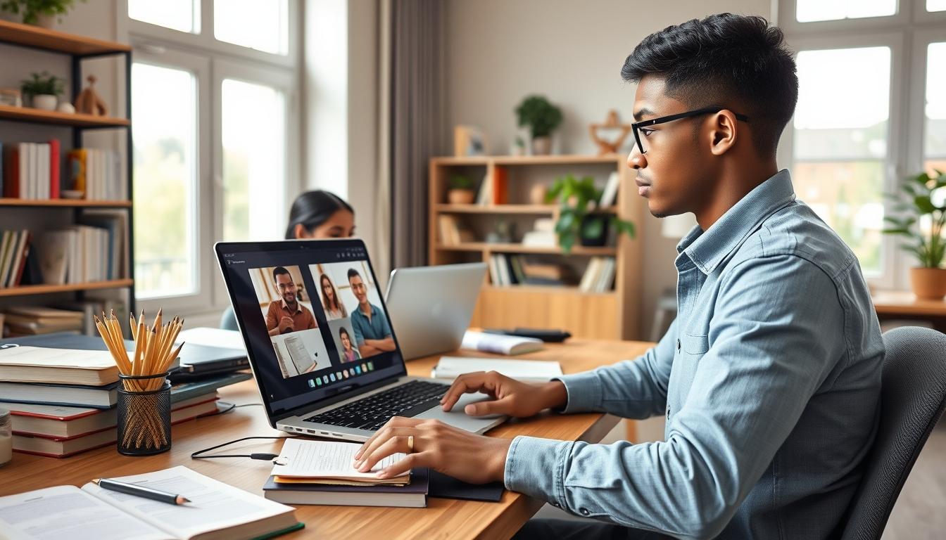 Students studying together in modern classroom